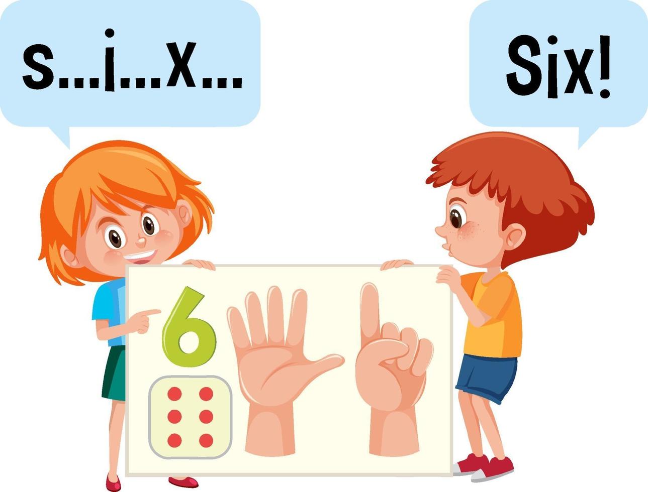 personaje de dibujos animados de dos niños deletreando el número seis vector