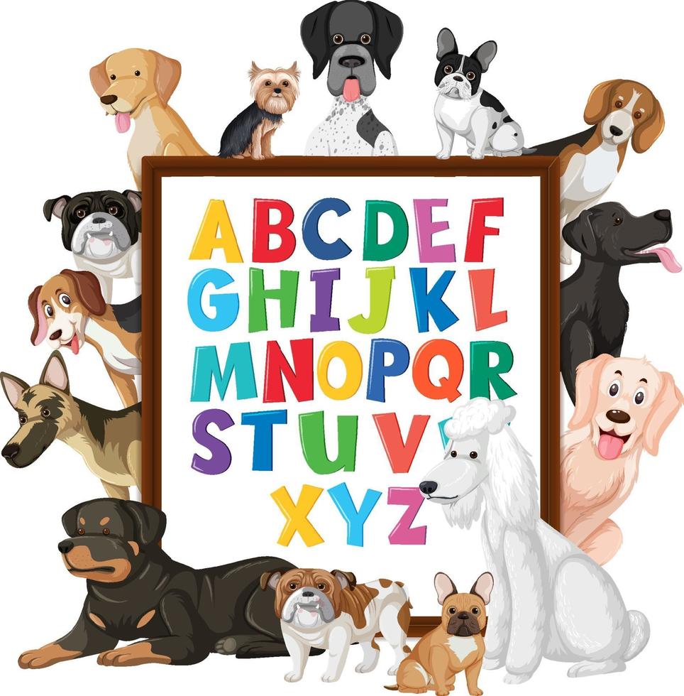 tablero del alfabeto az con muchos tipos diferentes de perros vector