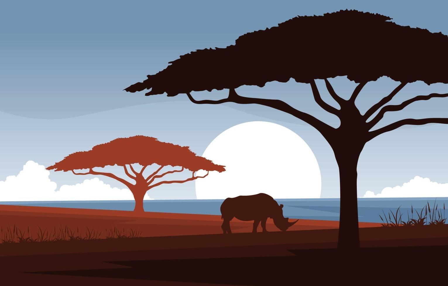 Rhino in African Savanna Landscape Illustration vector