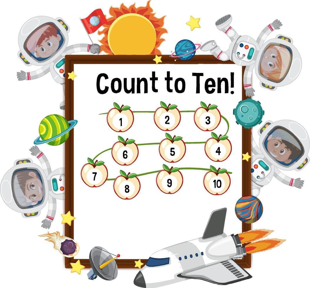 Count to ten number board with many kids in astronaut costumes vector