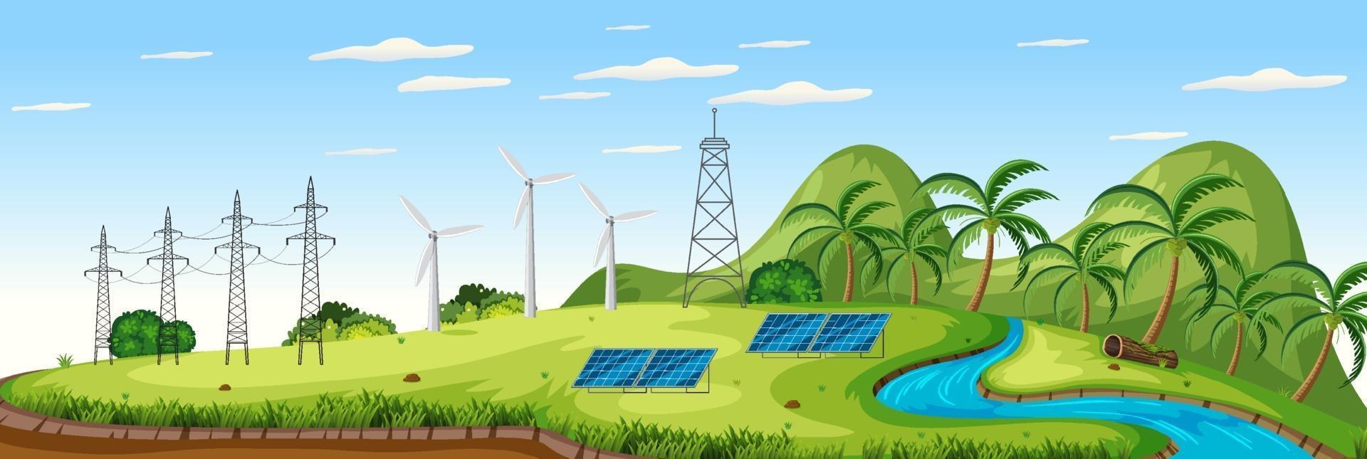 Landscape with wind turbines and solar cells scene vector