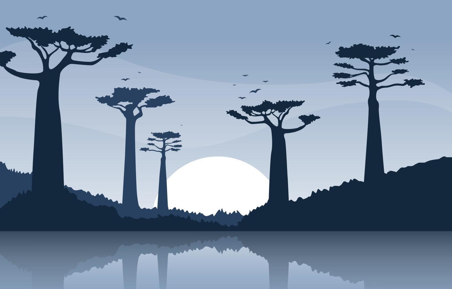 Baobab árboles con oasis en la ilustración de paisaje de sabana africana vector