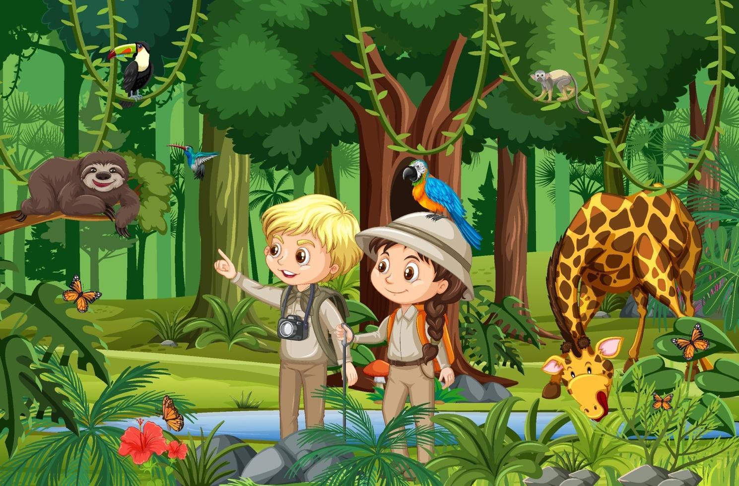 escena del bosque con niños mirando animales salvajes 2046818 Vector en  Vecteezy