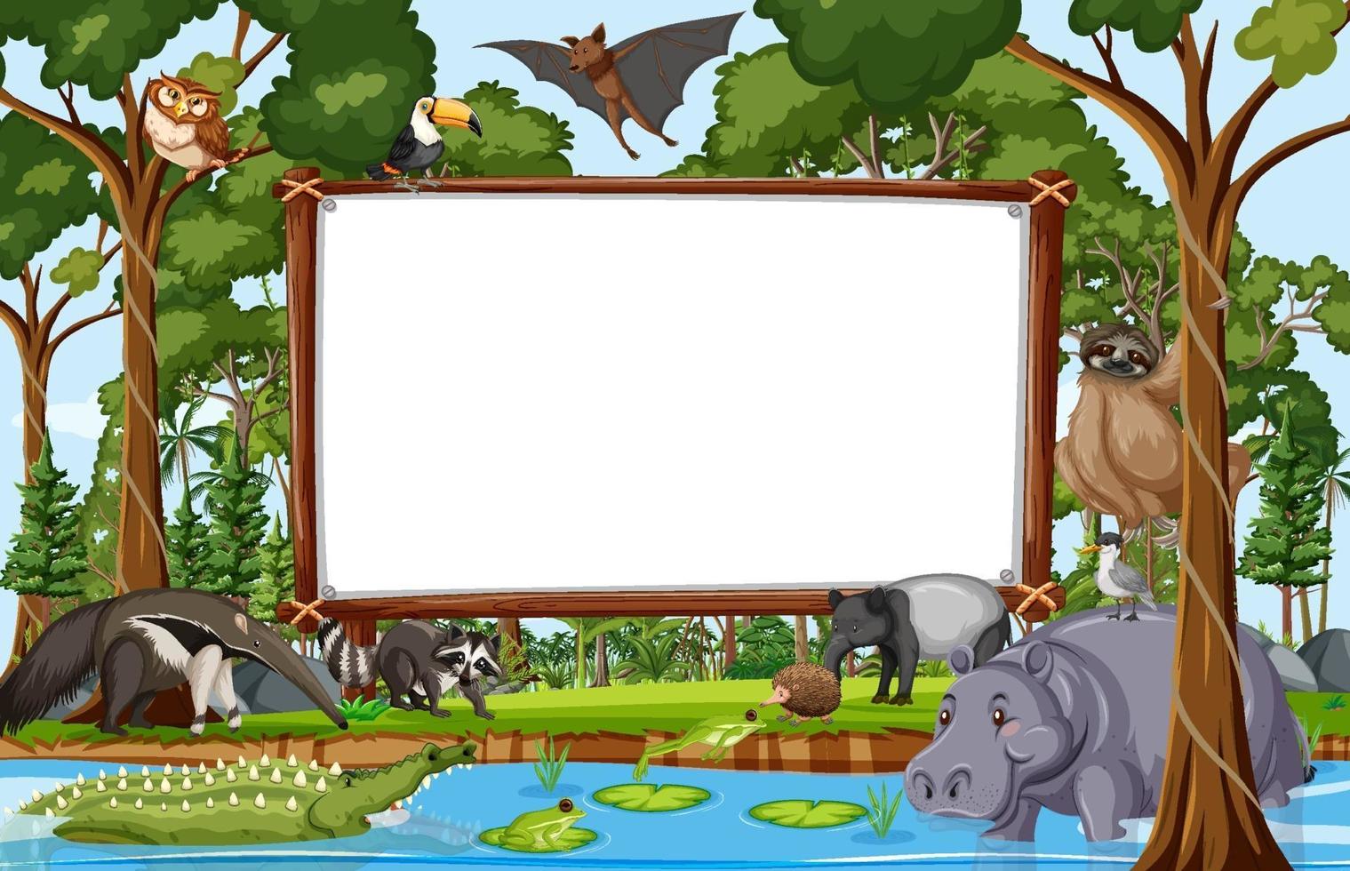 Banner en blanco en la escena de la selva tropical con animales salvajes vector