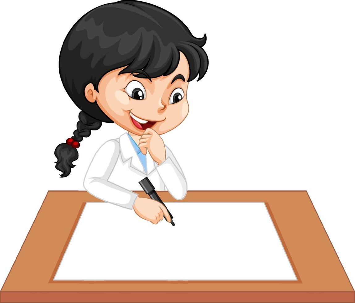 Linda chica vistiendo uniforme científico escribiendo en papel en blanco vector