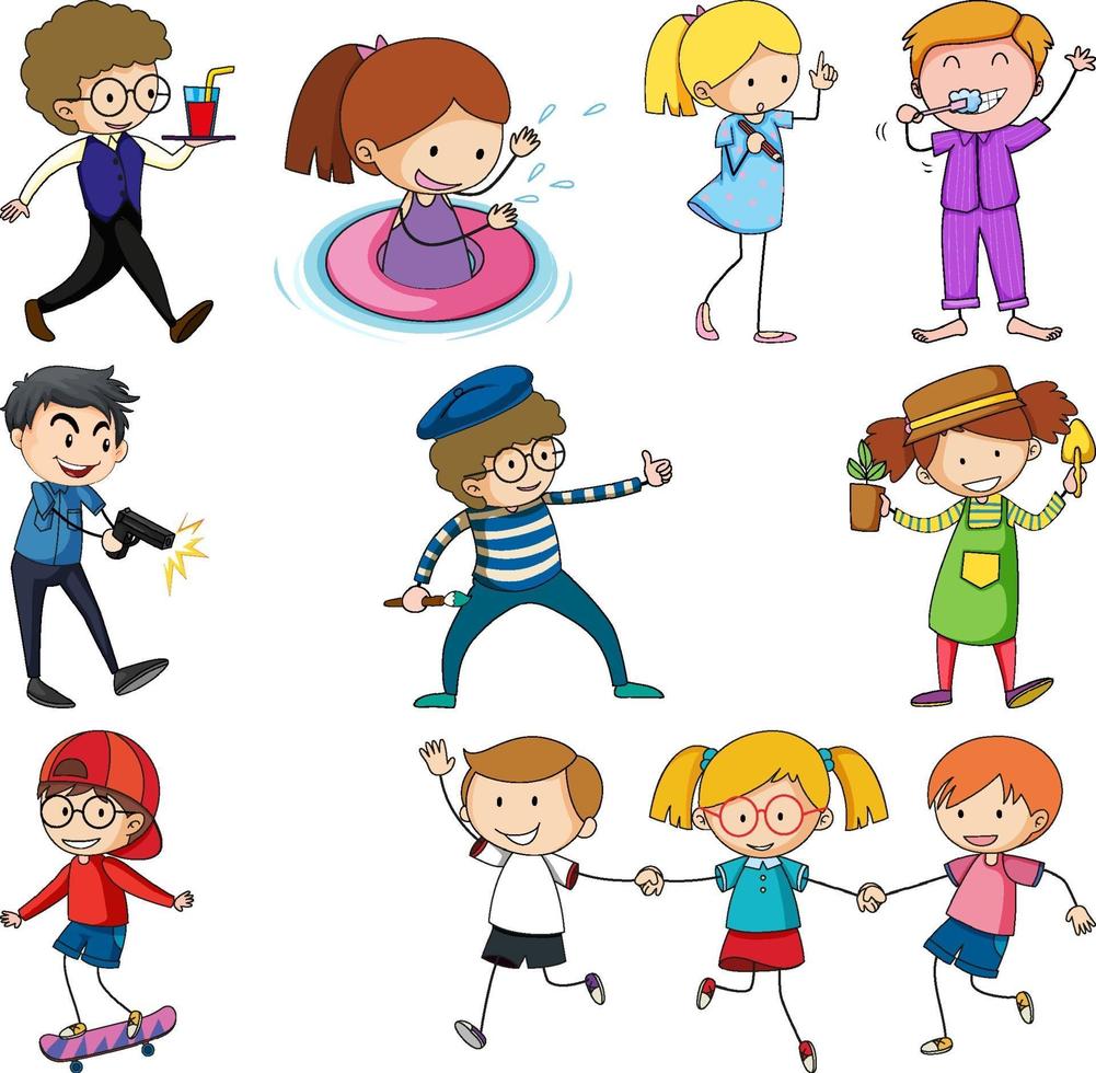 Set of different doodle kids cartoon character vector