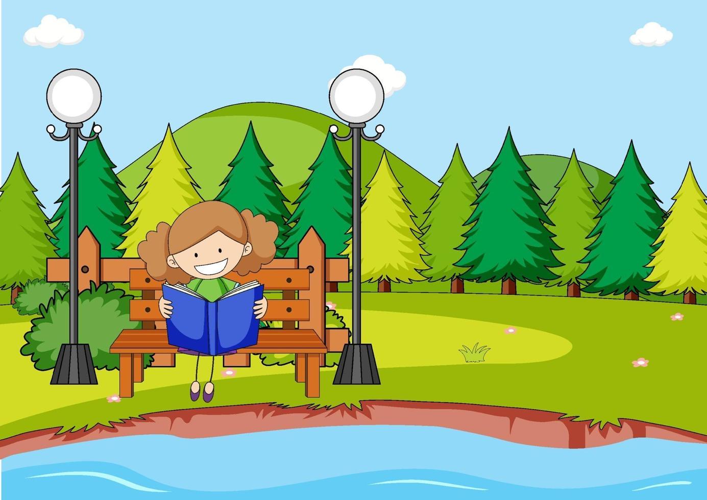 Park scene with a girl reading book sitting on bench vector