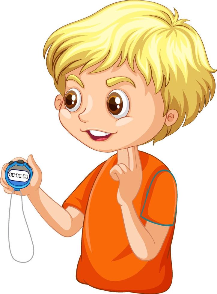 un personaje de dibujos animados de chico entrenador sosteniendo un temporizador vector