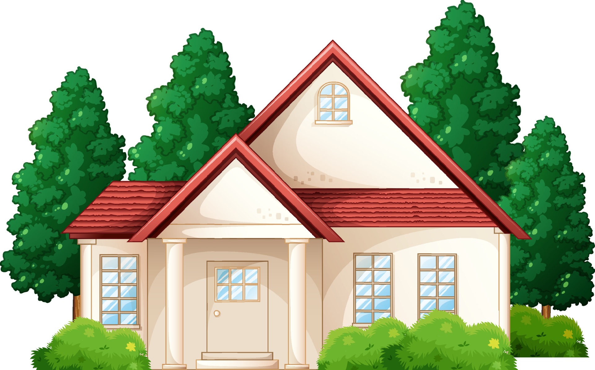 Front of a house with many tree isolated on white background 2046861