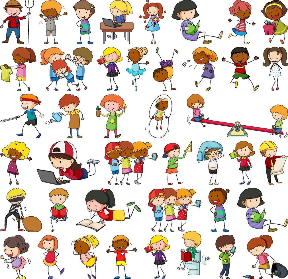 Set of different doodle kids cartoon character vector