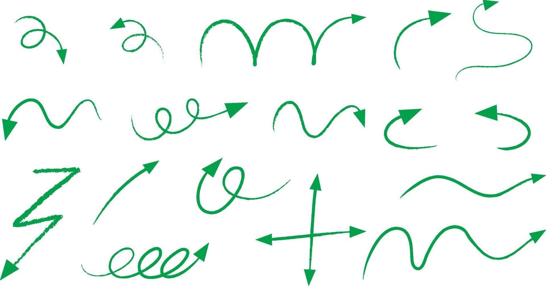 Different types of green hand drawn curved arrows on white background vector