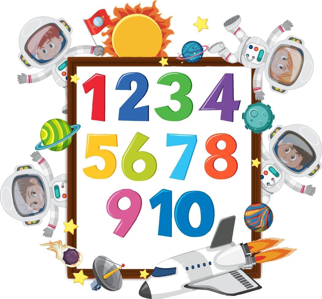 Number 0 to 9 on banner with many kids in outer space theme vector