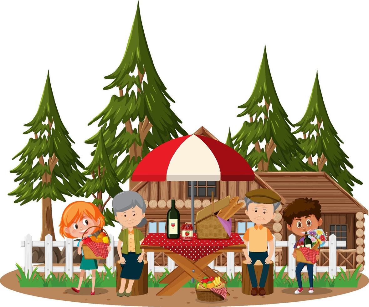 Old couple doing picnic with many children in the park isolated vector