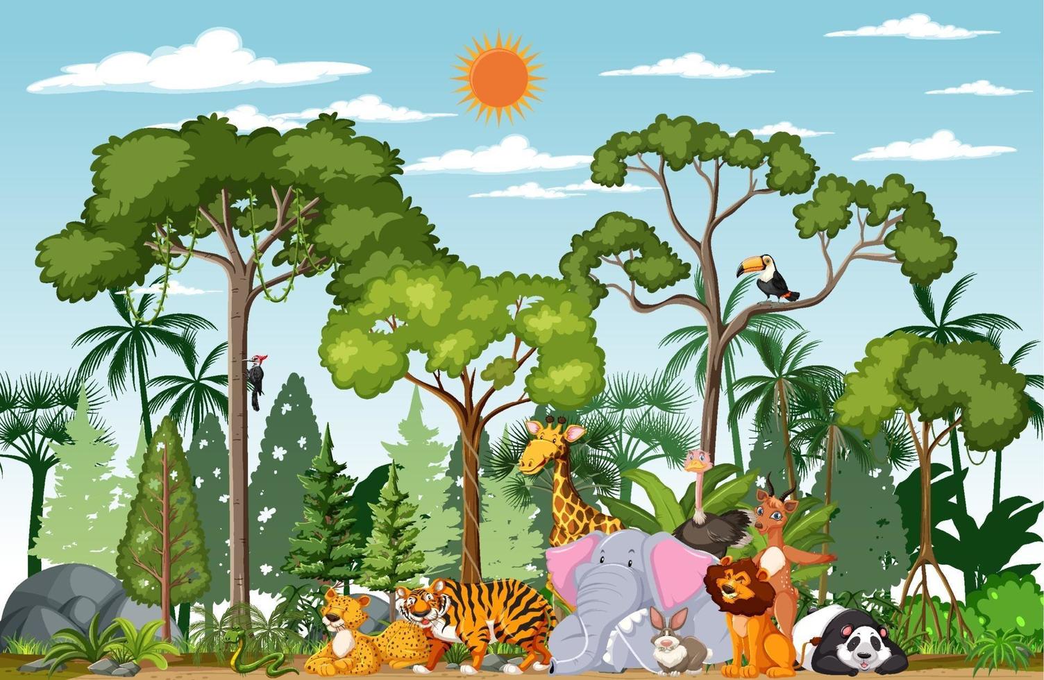 Wild animal cartoon character in the forest scene vector