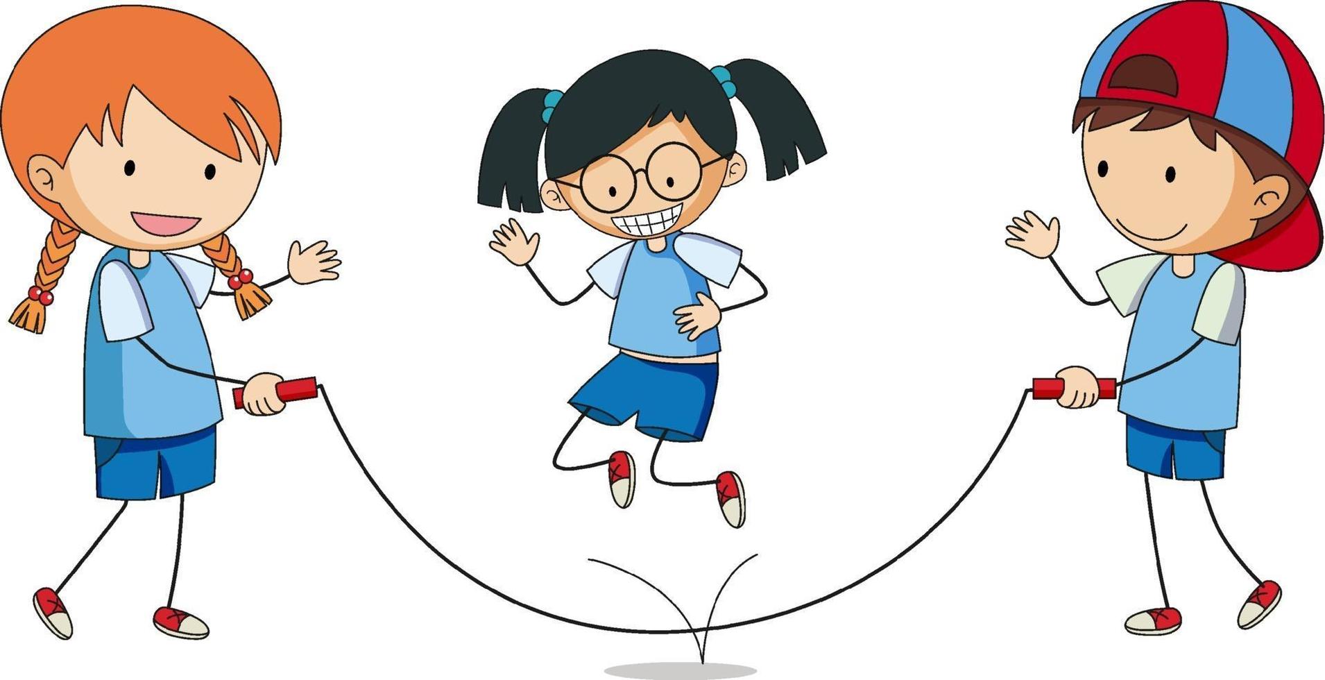 Kids playing jumping rope doodle cartoon character isolated vector