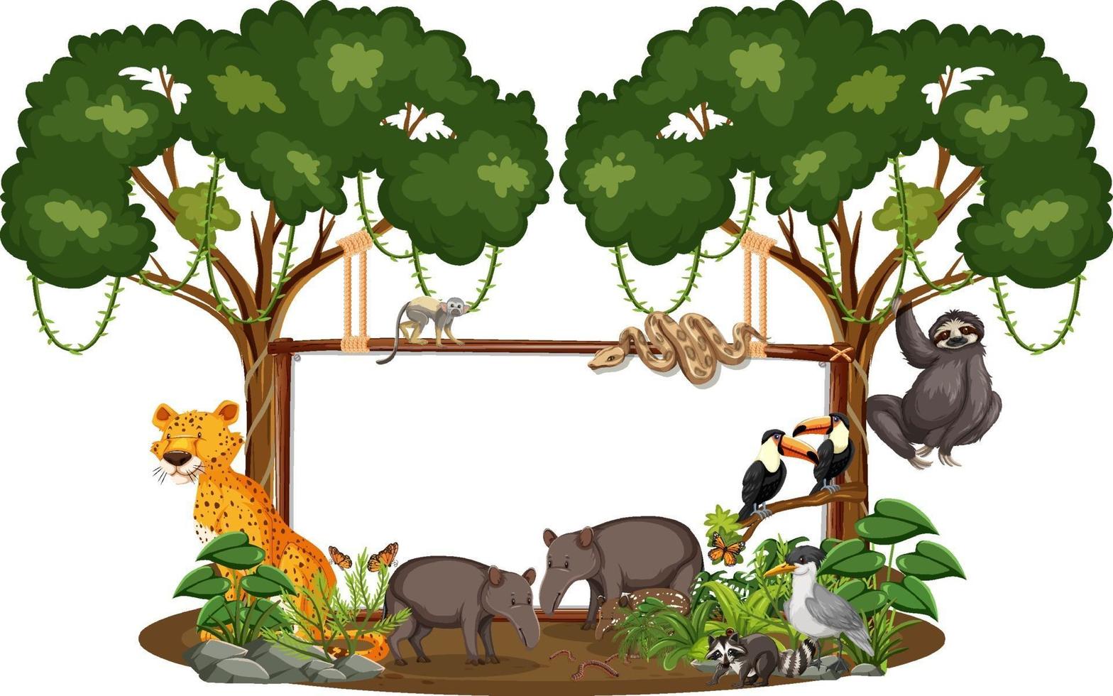 Banner vacío con animales salvajes y árboles de la selva sobre fondo blanco. vector