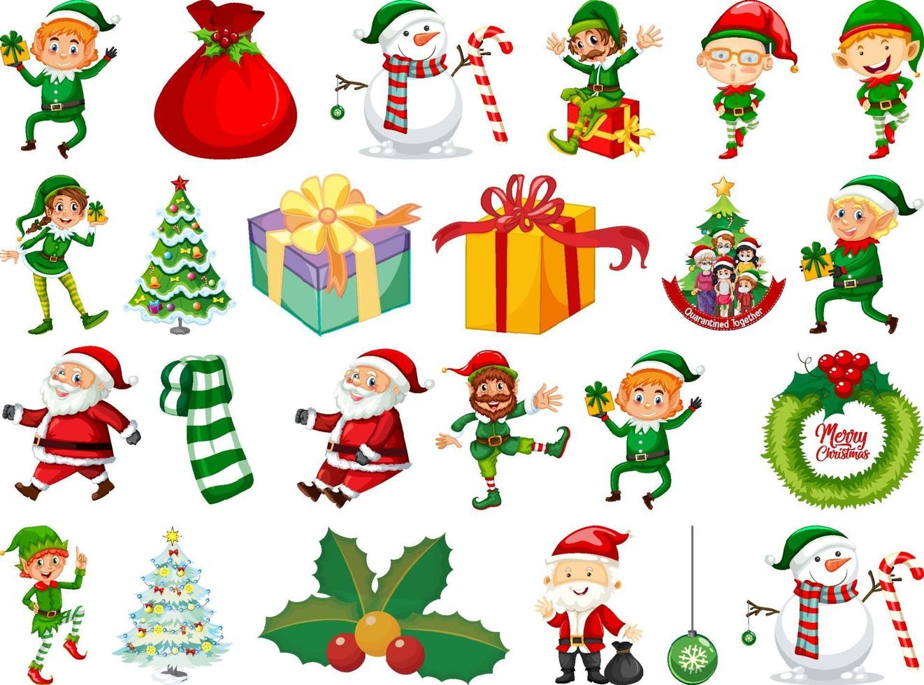 Set of Elves cartoon character and Christmas objects isolated on white background vector