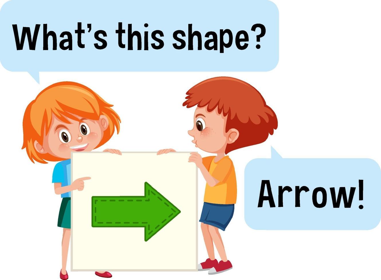 Kids holding arrow shape banner with What's this shape font vector