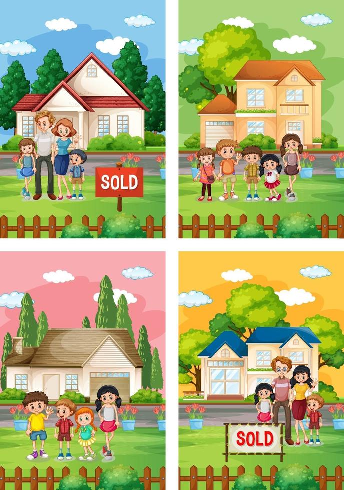 Diferentes escenas de familia de pie frente a una casa en venta. vector