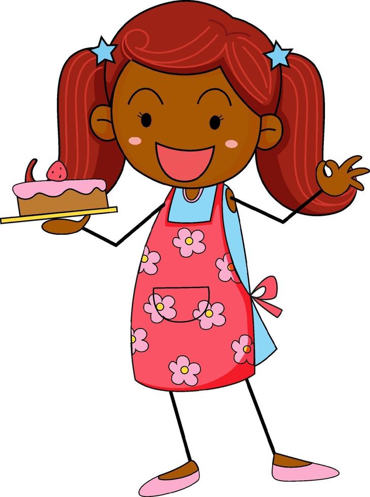 Cute girl holding cake doodle cartoon character isolated vector
