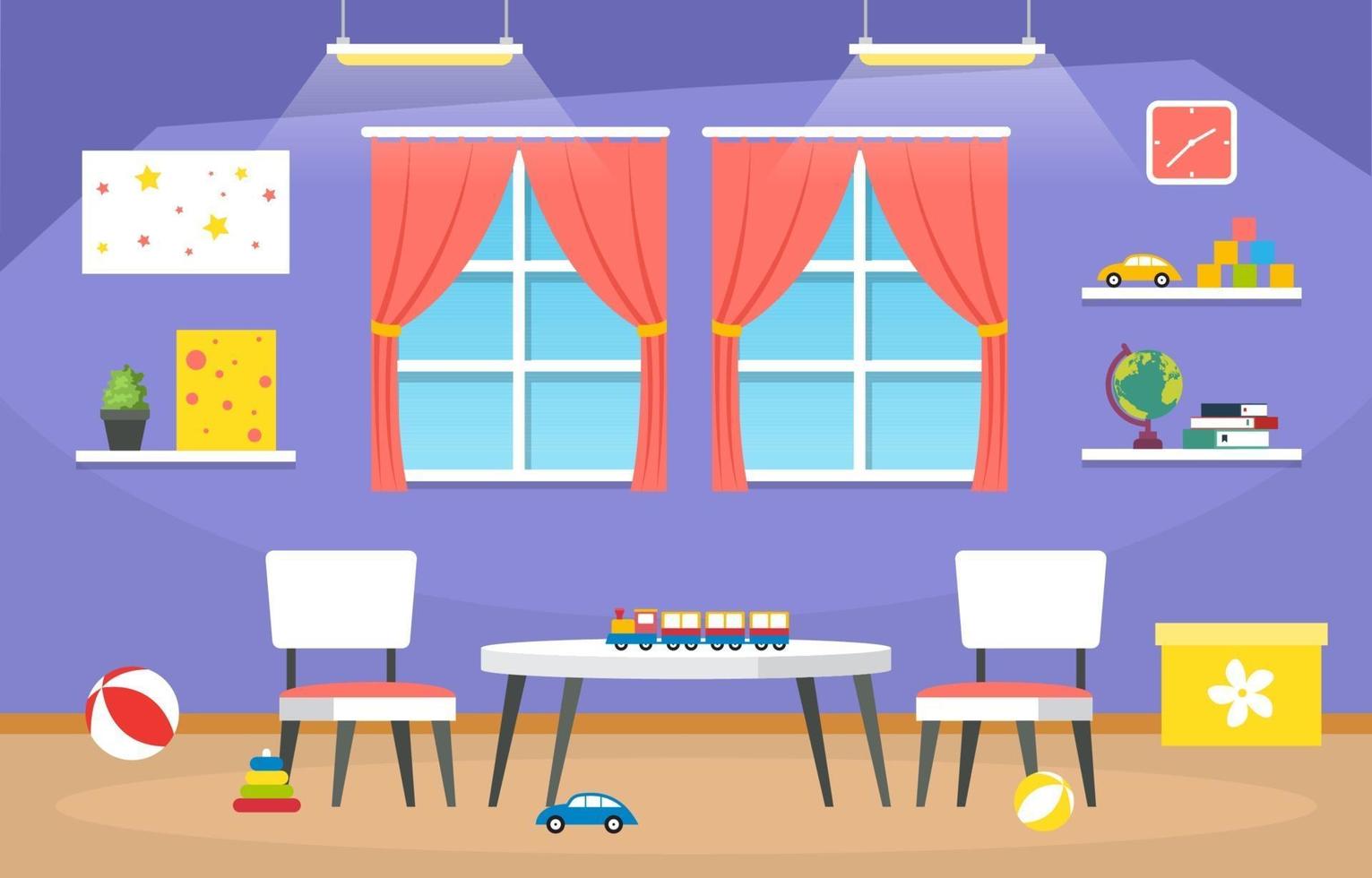 Colorful Kindergarten or Elementary School Classroom with Desks and Toys Illustration vector