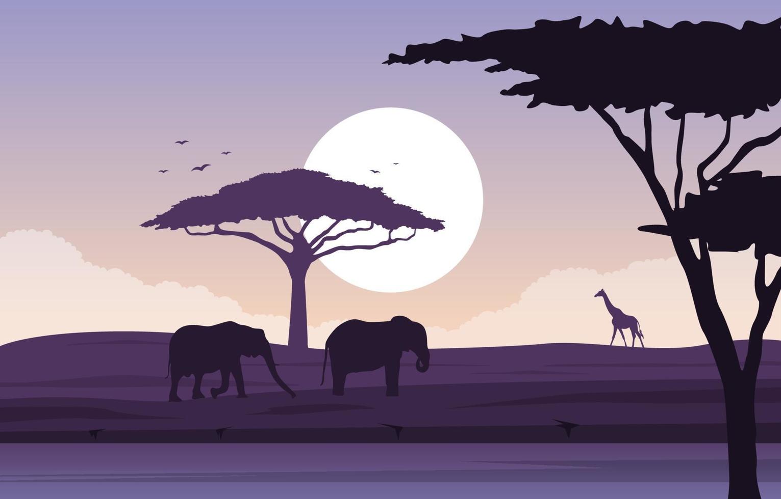 Elephants and Giraffe in African Savanna Landscape vector