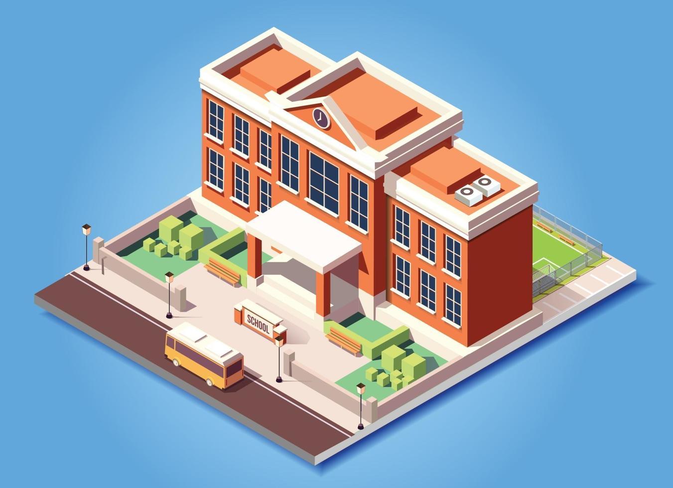 Ilustración de vector de escuela de edificio isométrico