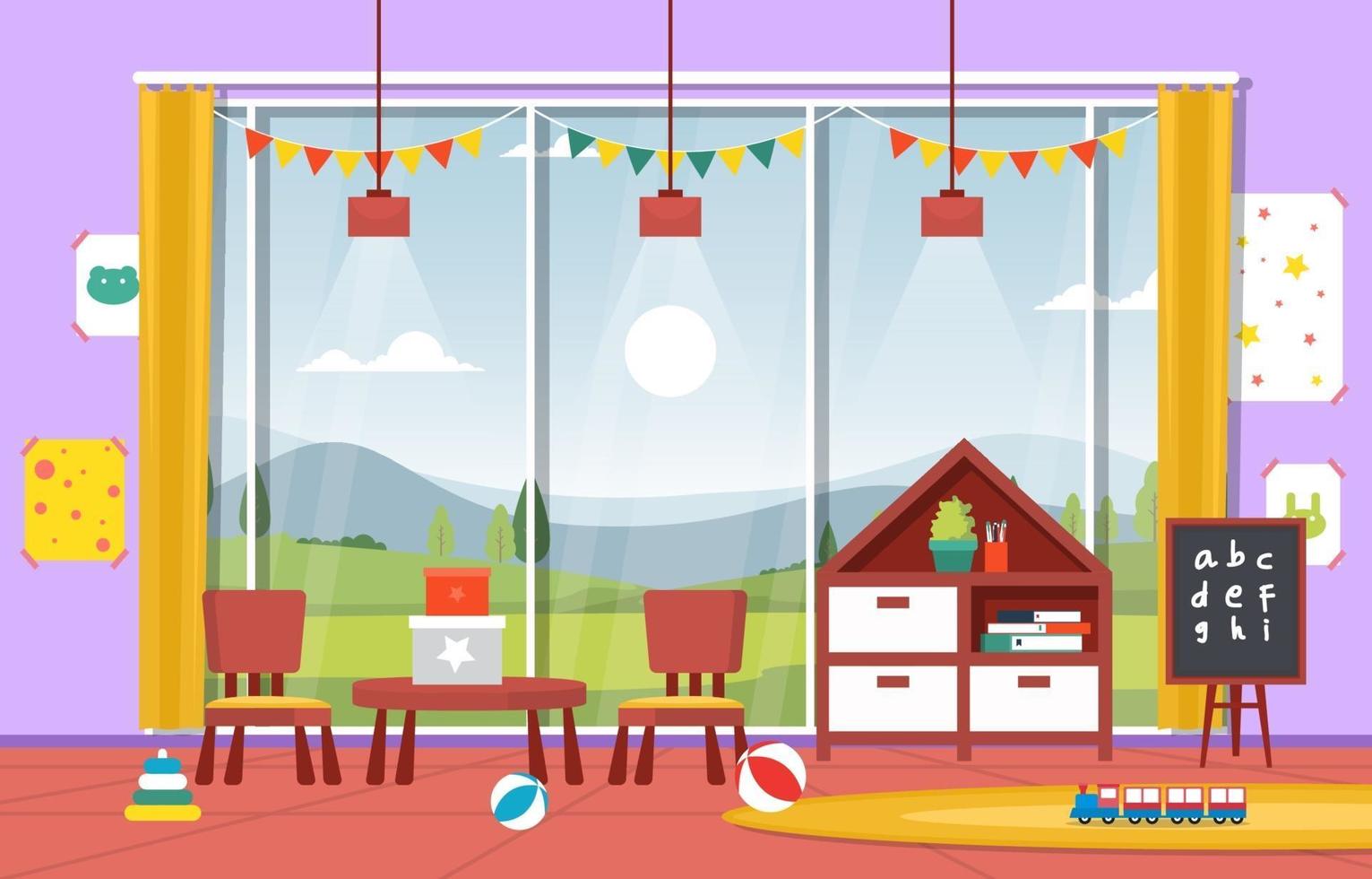 Colorful Kindergarten or Elementary School Classroom with Desks and Toys Illustration vector