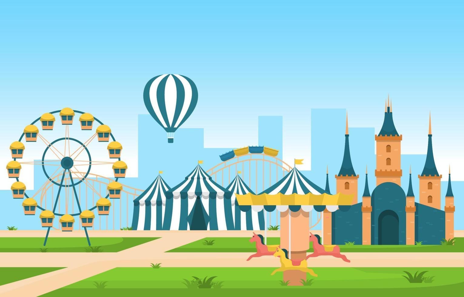 circo y parque de atracciones con ilustración de noria vector