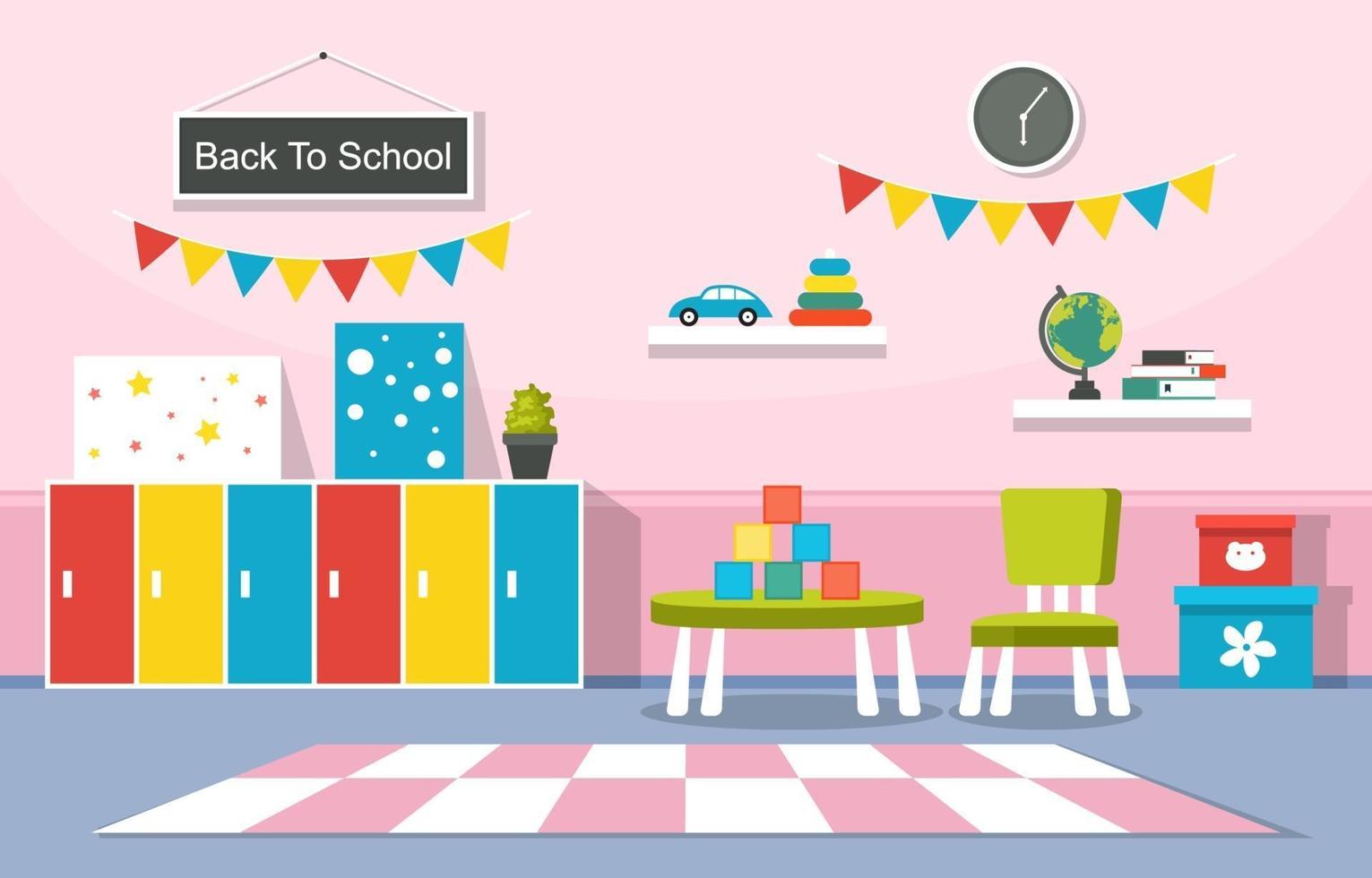 Colorido aula de jardín de infantes o escuela primaria con pupitres y juguetes ilustración vector