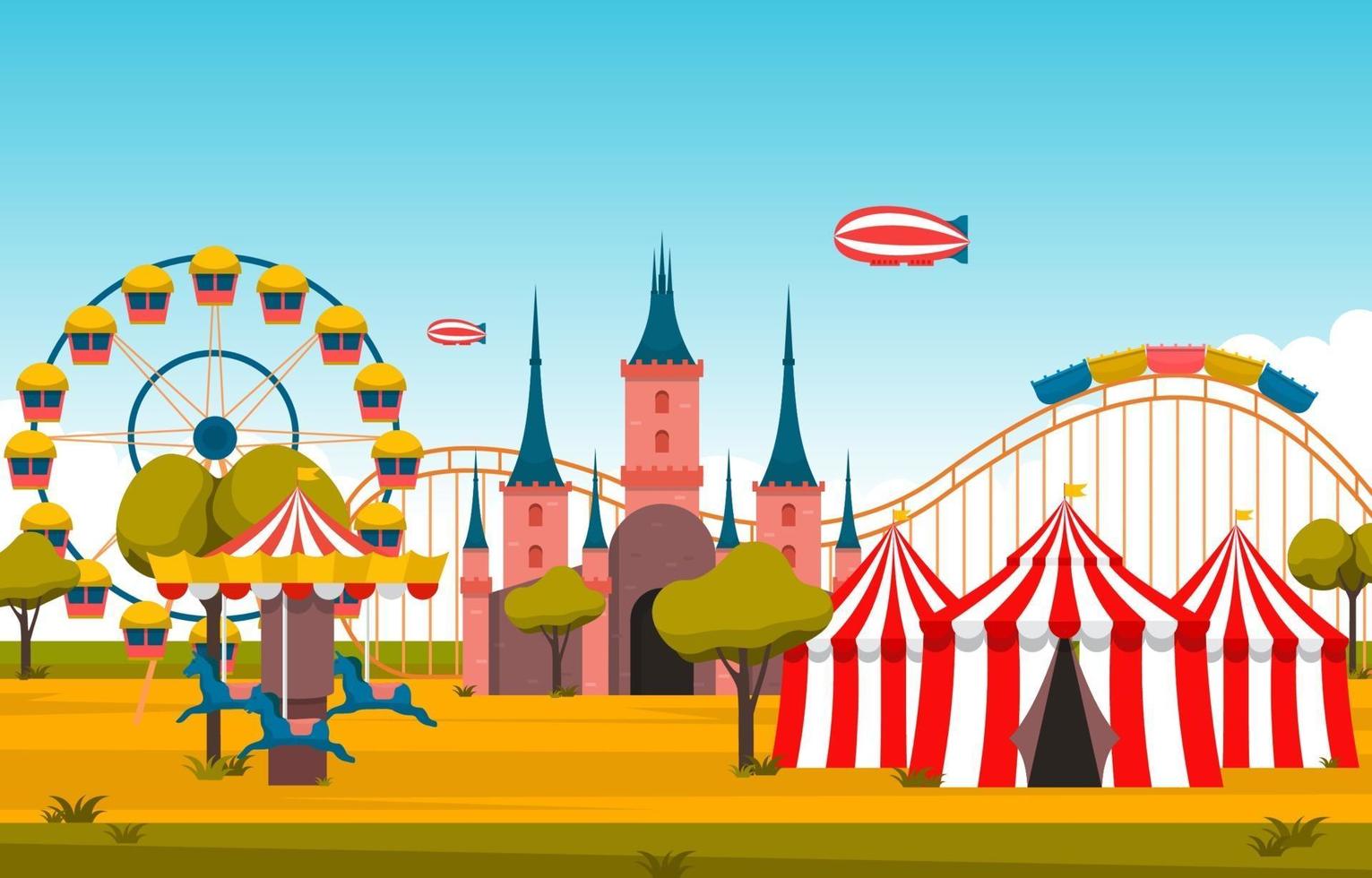 circo y parque de atracciones con ilustración de noria vector