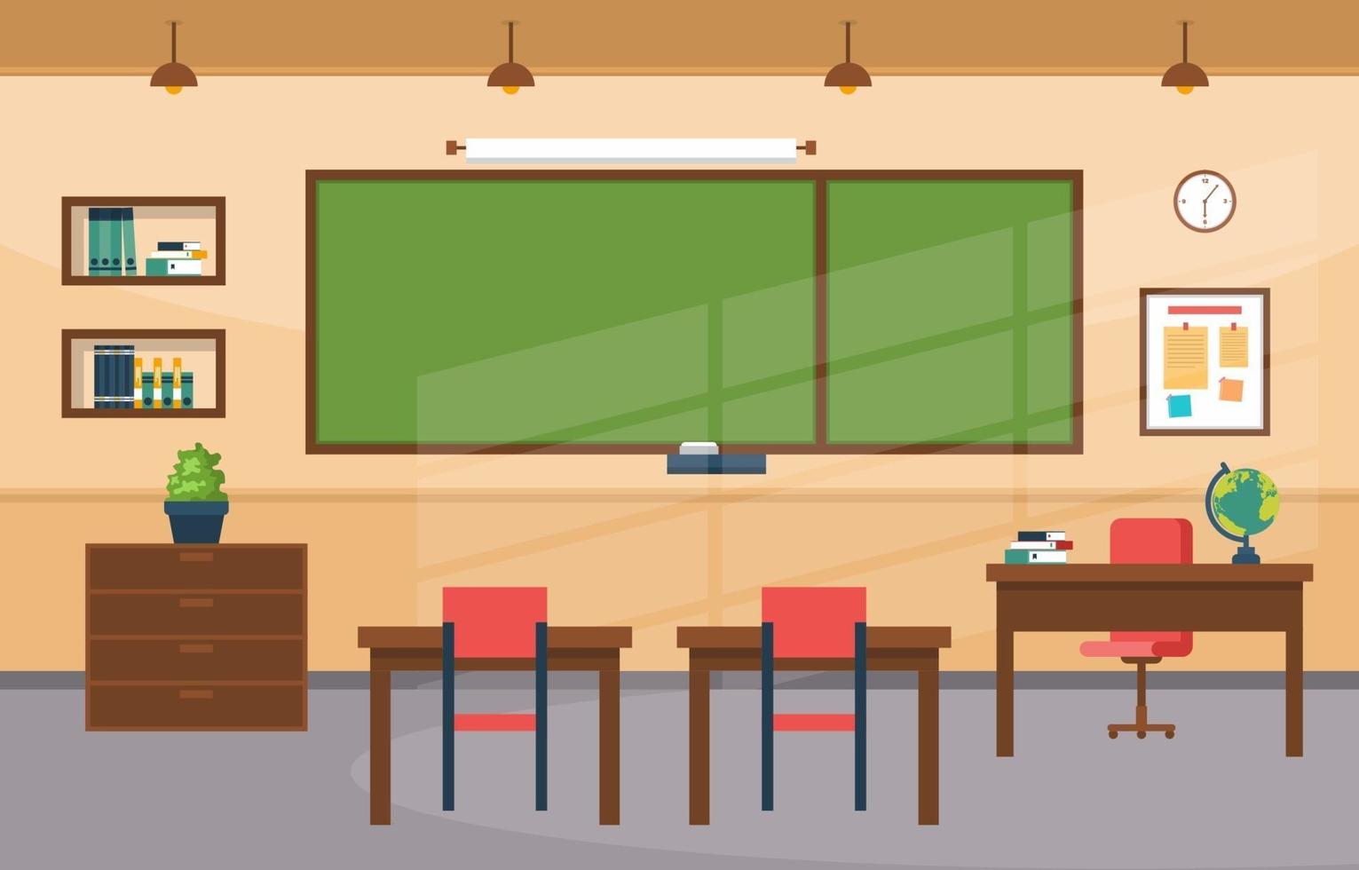 Elementary School Classroom with Desks and Chalkboard Illustration vector