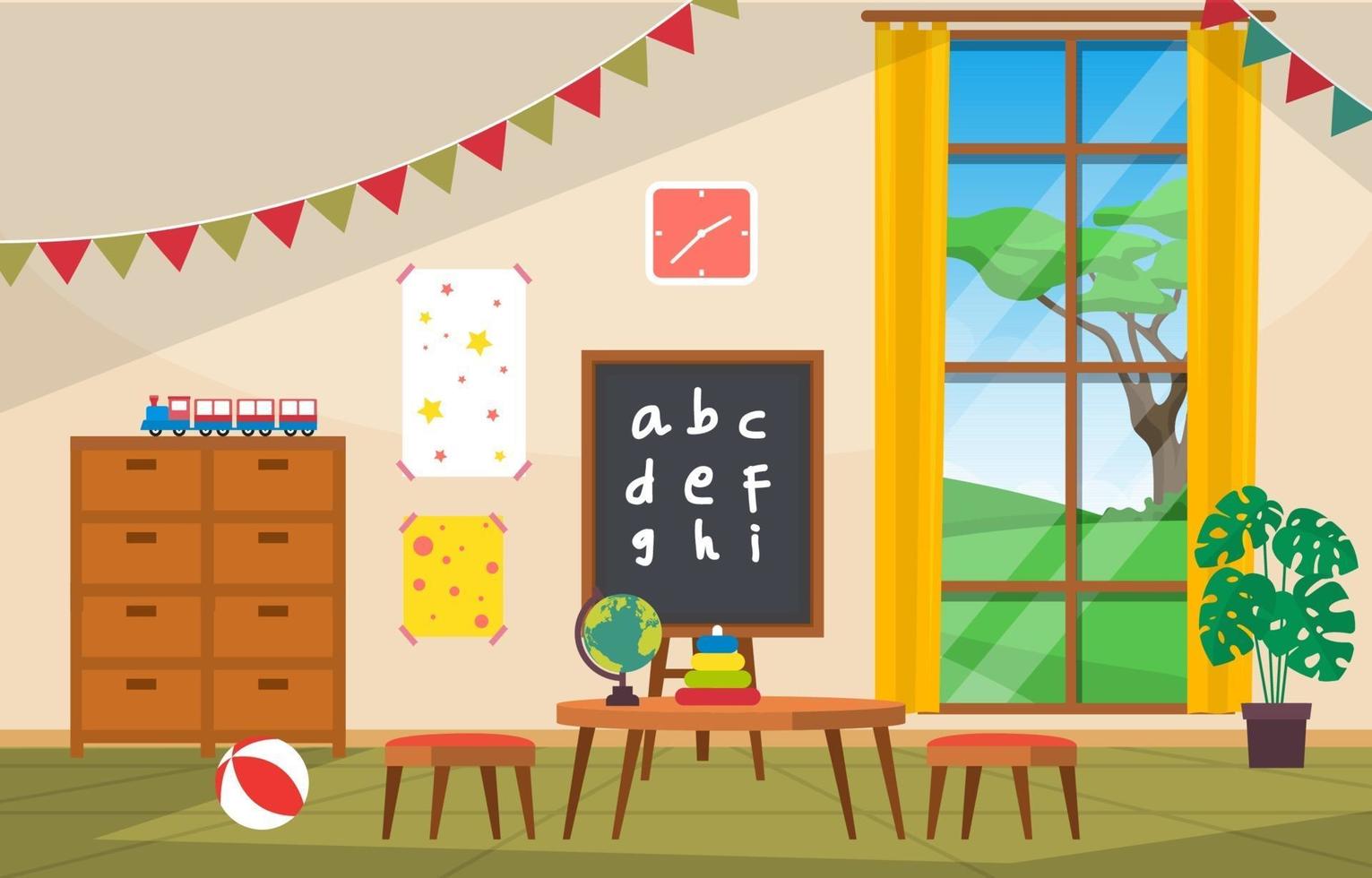 Colorful Kindergarten or Elementary School Classroom with Desks and Toys Illustration vector