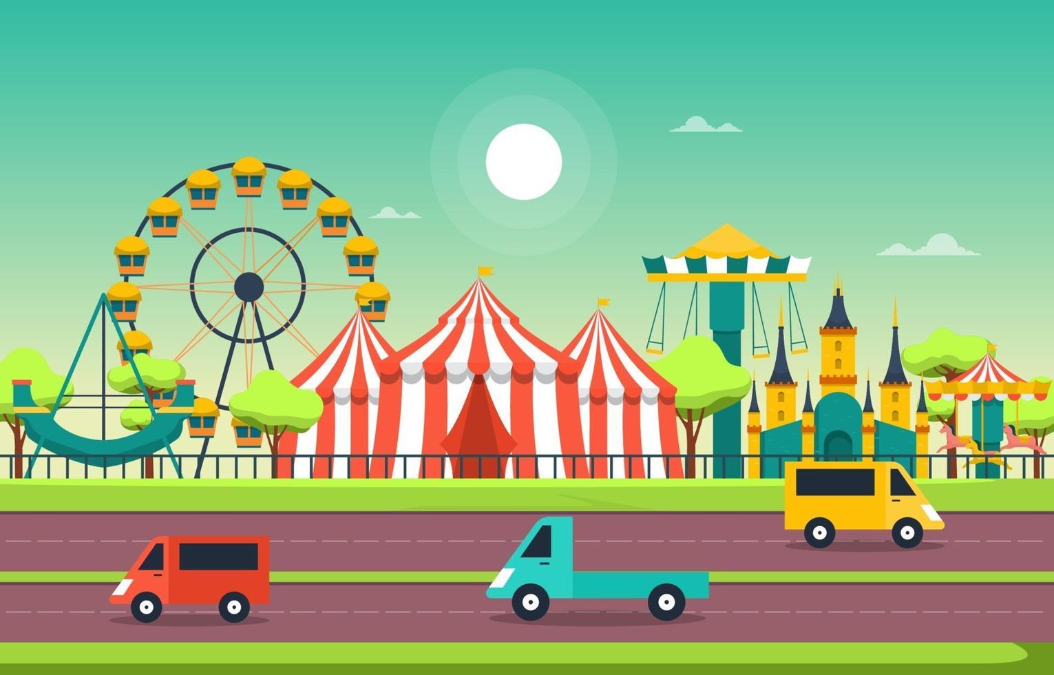 circo y parque de atracciones con ilustración de noria vector