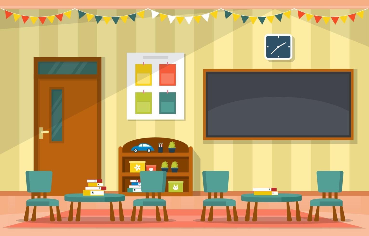 Colorful Kindergarten or Elementary School Classroom with Desks and Toys Illustration vector