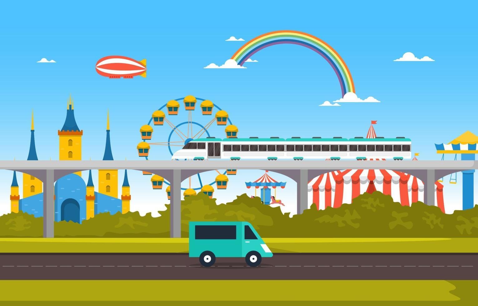 Circus and Amusement Park with Train and Roadway Illustration vector