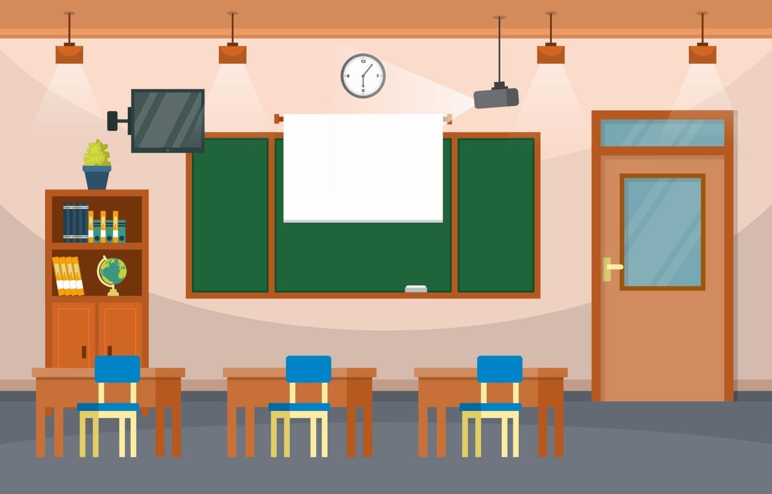 Elementary School Classroom with Desks and Chalkboard Illustration vector