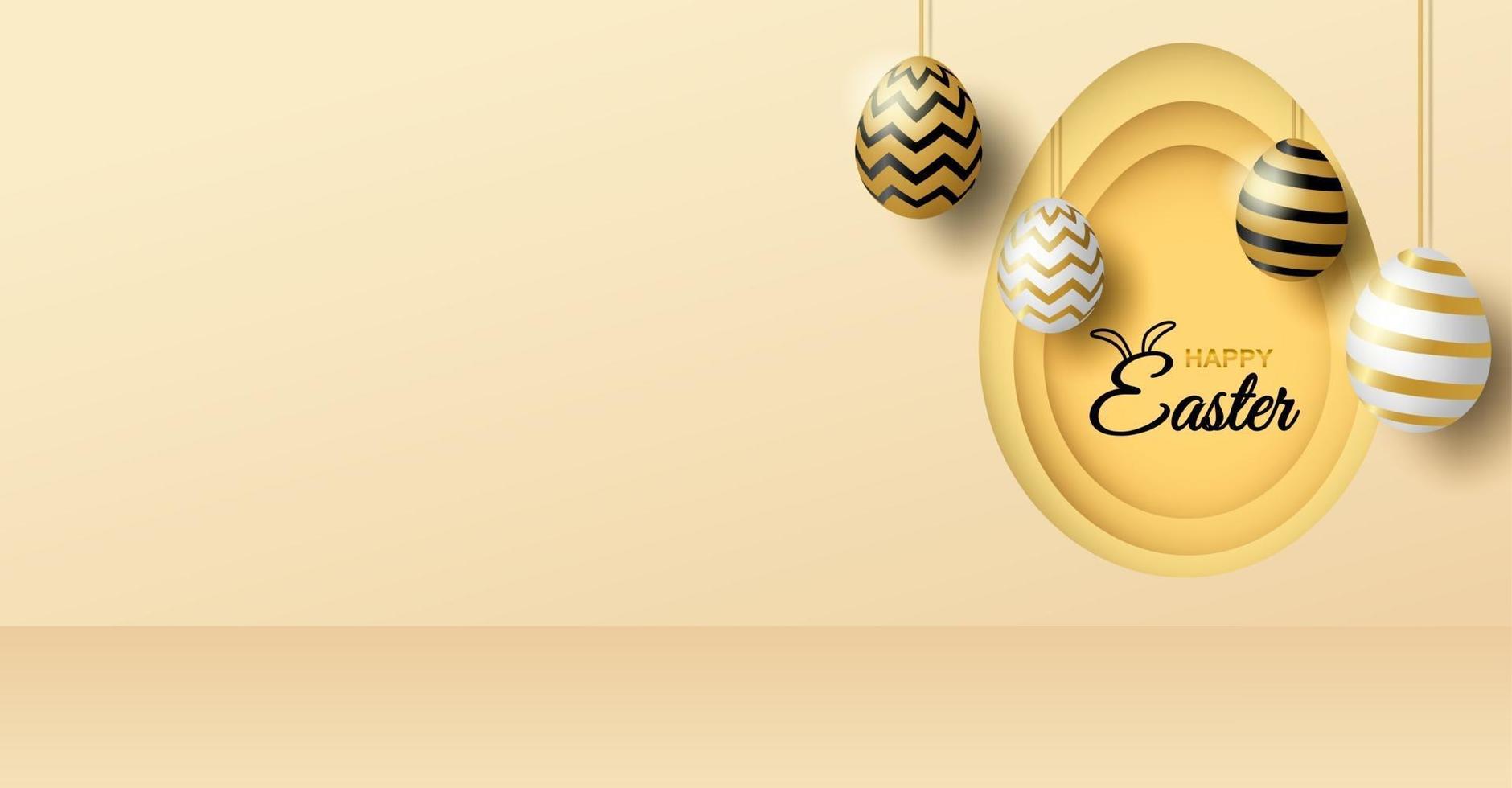 Happy easter theme product display podium. Golden easter egg on light gold background. vector