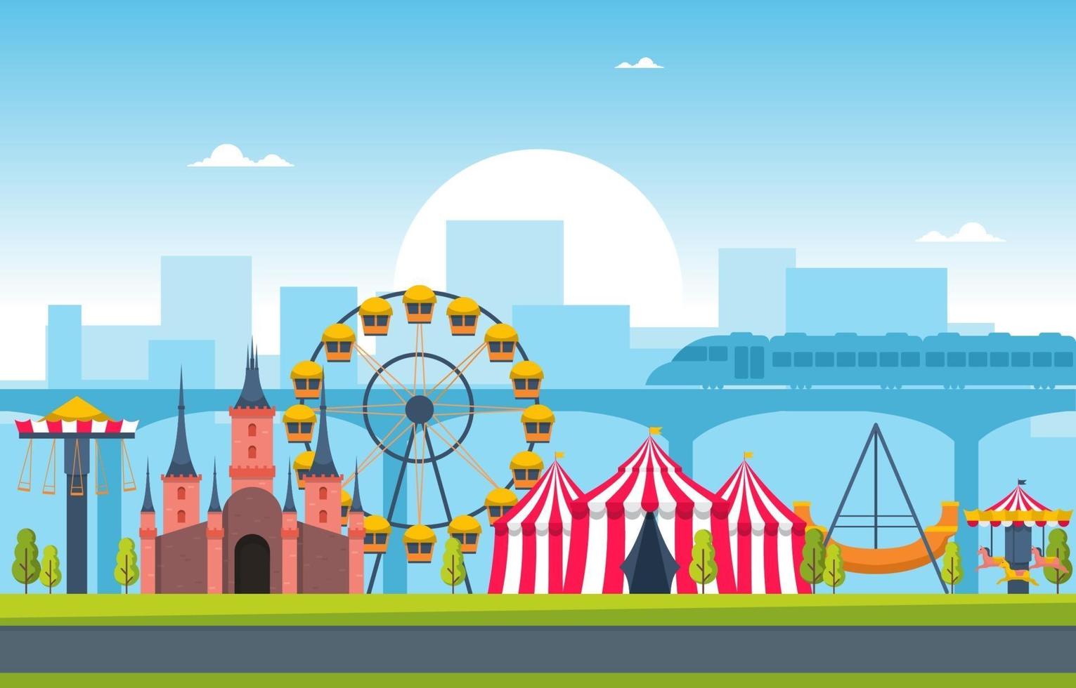 circo y parque de atracciones con ilustración de noria vector