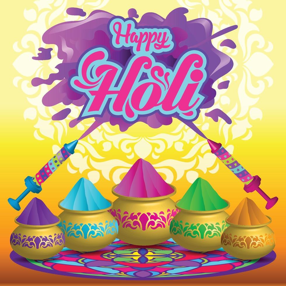 Holi Celebration Poster with color powder pots and Water gun vector