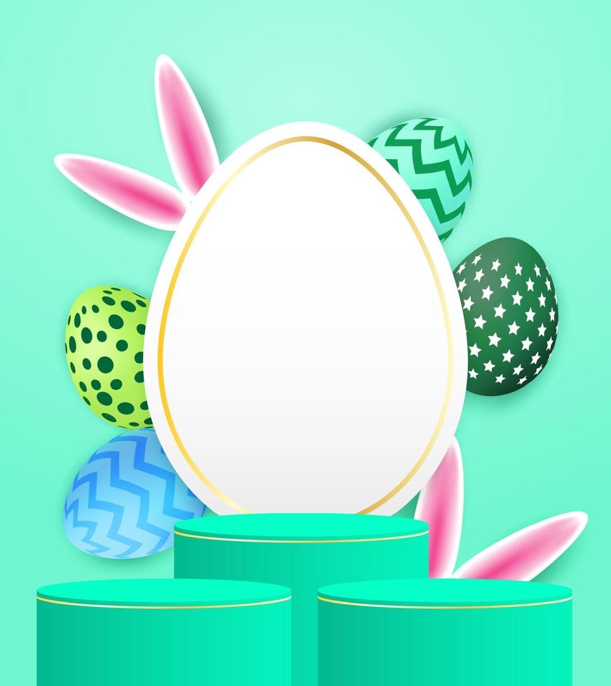 podio de exhibición de productos de tema de pascua feliz. Huevos de Pascua coloridos y orejas de conejo sobre fondo verde menta. vector. ilustración. vector