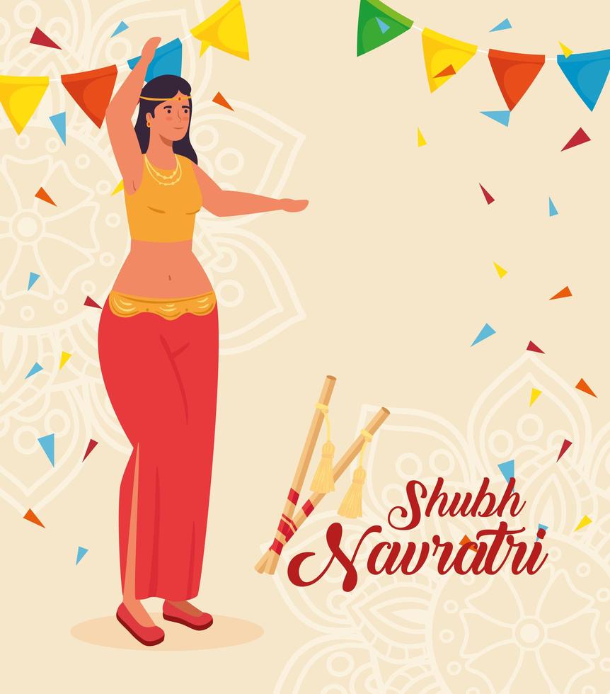 Happy Navratri celebration poster with woman dancing vector