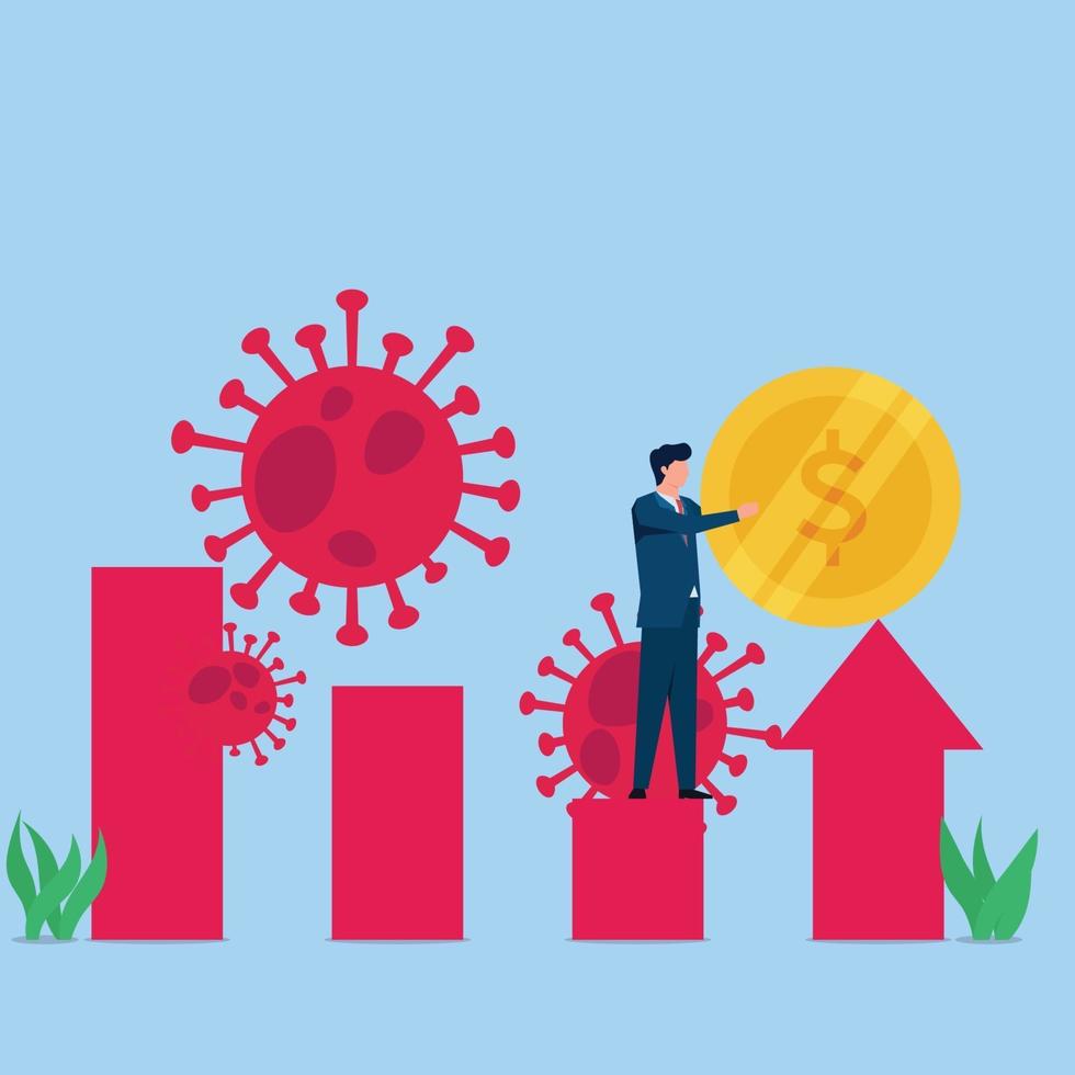 El hombre pone una moneda en el gráfico de crecimiento con virus alrededor de la metáfora de la recuperación económica vector