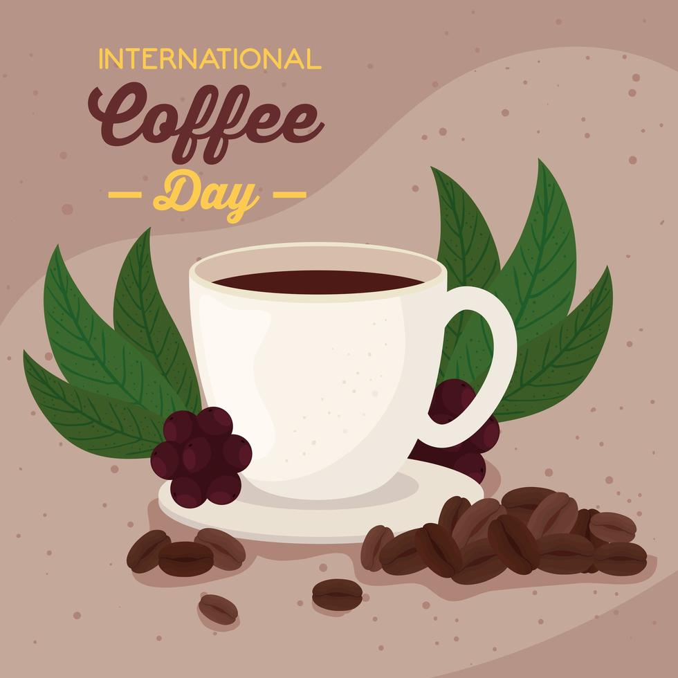 International coffee day poster with cup and coffee beans vector