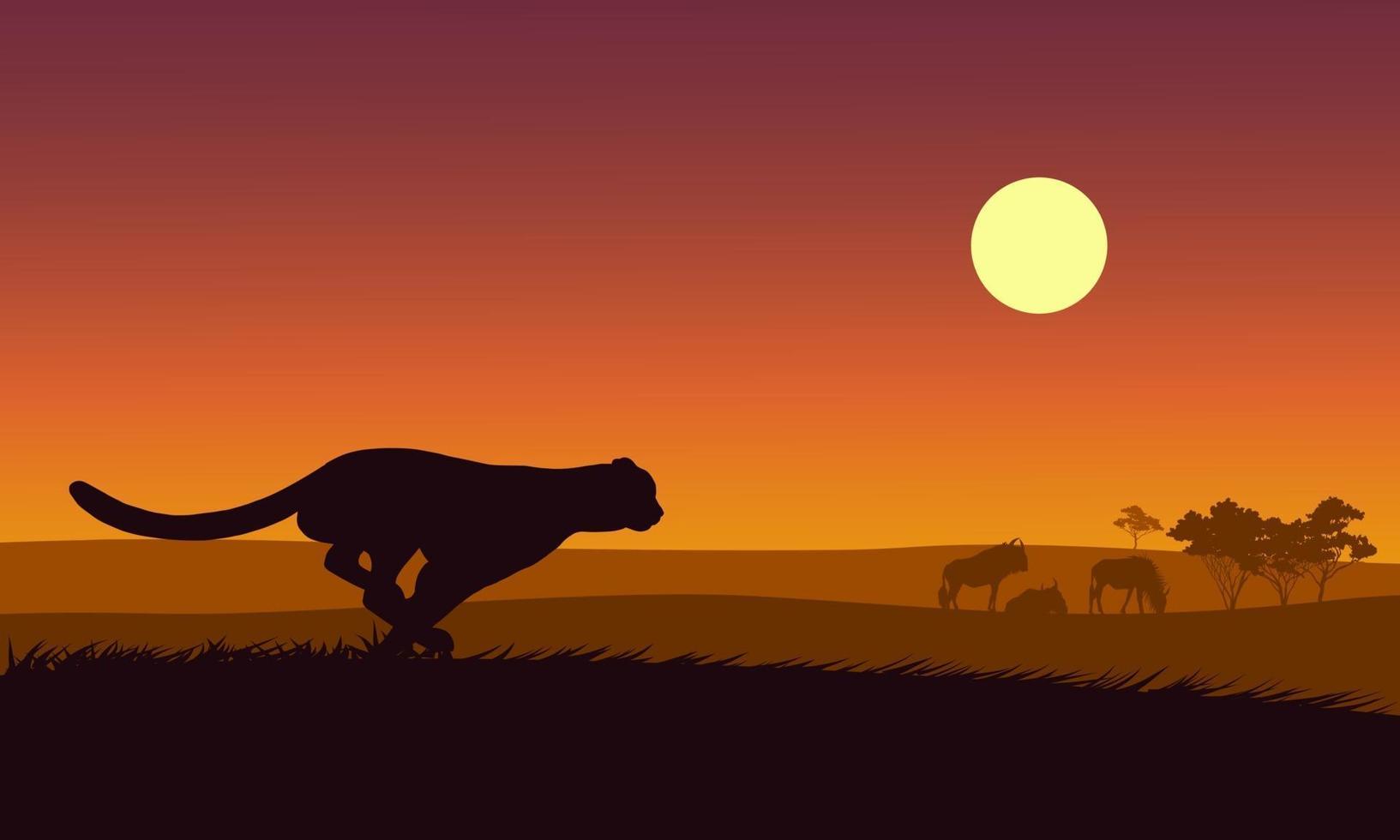 Silhouette Cheetah in africa with Jaguar and antelope, tree and animals. vector