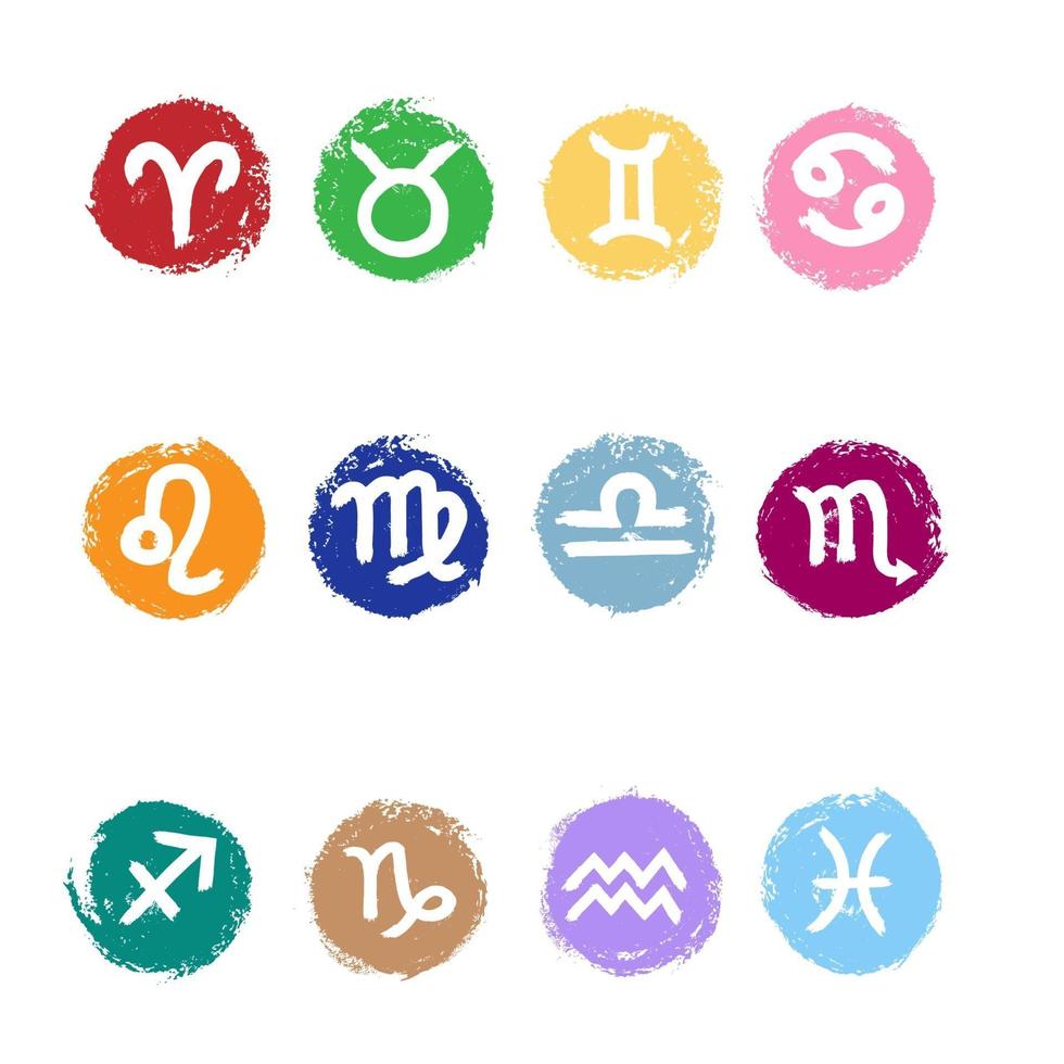 Set of zodiac signs with watercolor elements. Horoscope symbols collection aries, taurus, gemini, cancer, leo, virgo, libra, scorpio, sagitarius, capricorn, aquarius, pisces. Vector illustration.