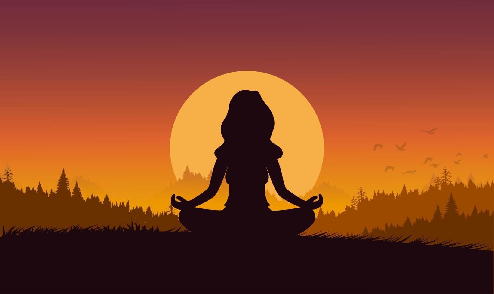 Silhouette flat cartoon style woman meditation or yoga in nature. Concept vector illustration healthy lifestyle.