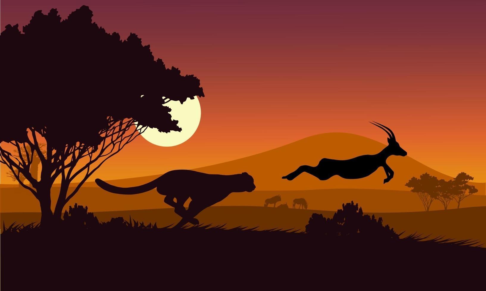 Black silhouette. The cheetah is chasing the Impala field in an African safari. vector