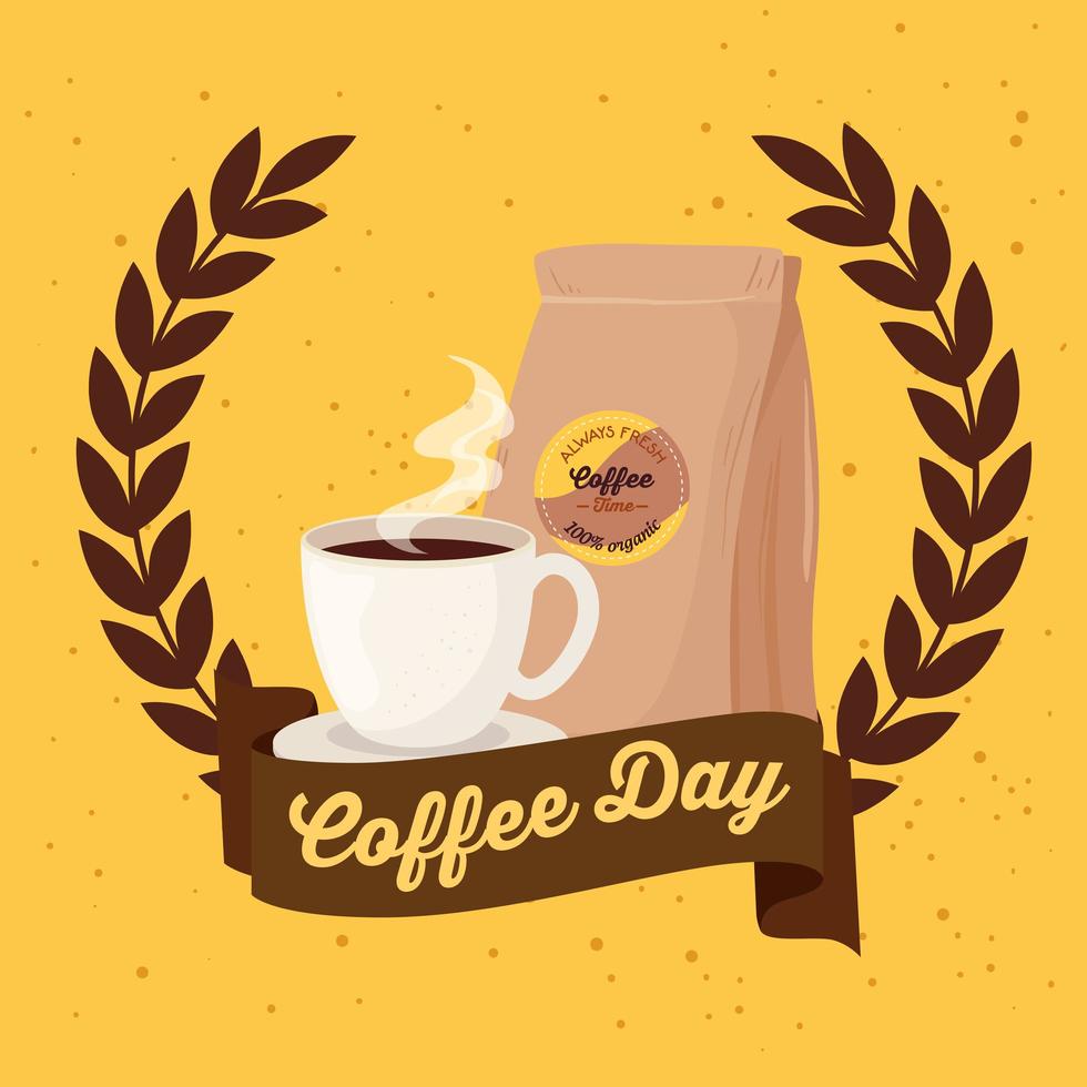 International coffee day poster with coffee cup and bag vector