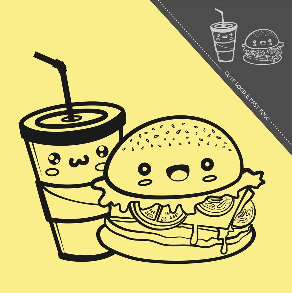 Cute fast food Illustration, vector with funny expressions on yellow background.